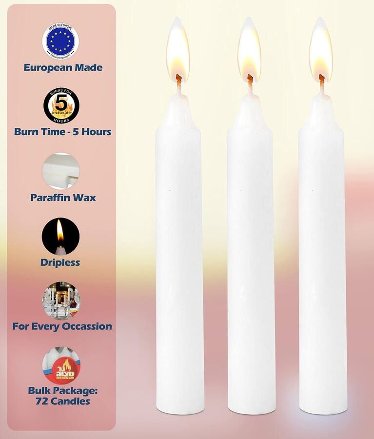 Senza Marchio Ner Mitzvah Classic White 6 Inch Candles 72 Bulk Pack voor Shabbat Candles Diner tafels Restaurants Ceremonies en Emergency 5 uur brandtijd