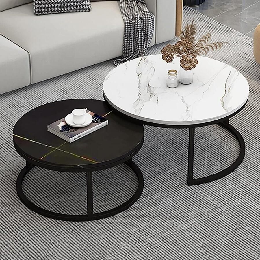Senza Marchio Nesting Salontafel Ronde Nesting Table Set van 2 Moderne Accent Marmeren Bijzettafel Robuust Stalen Frame voor Kleine Ruimtes Woonkamer Balkon Kantoor