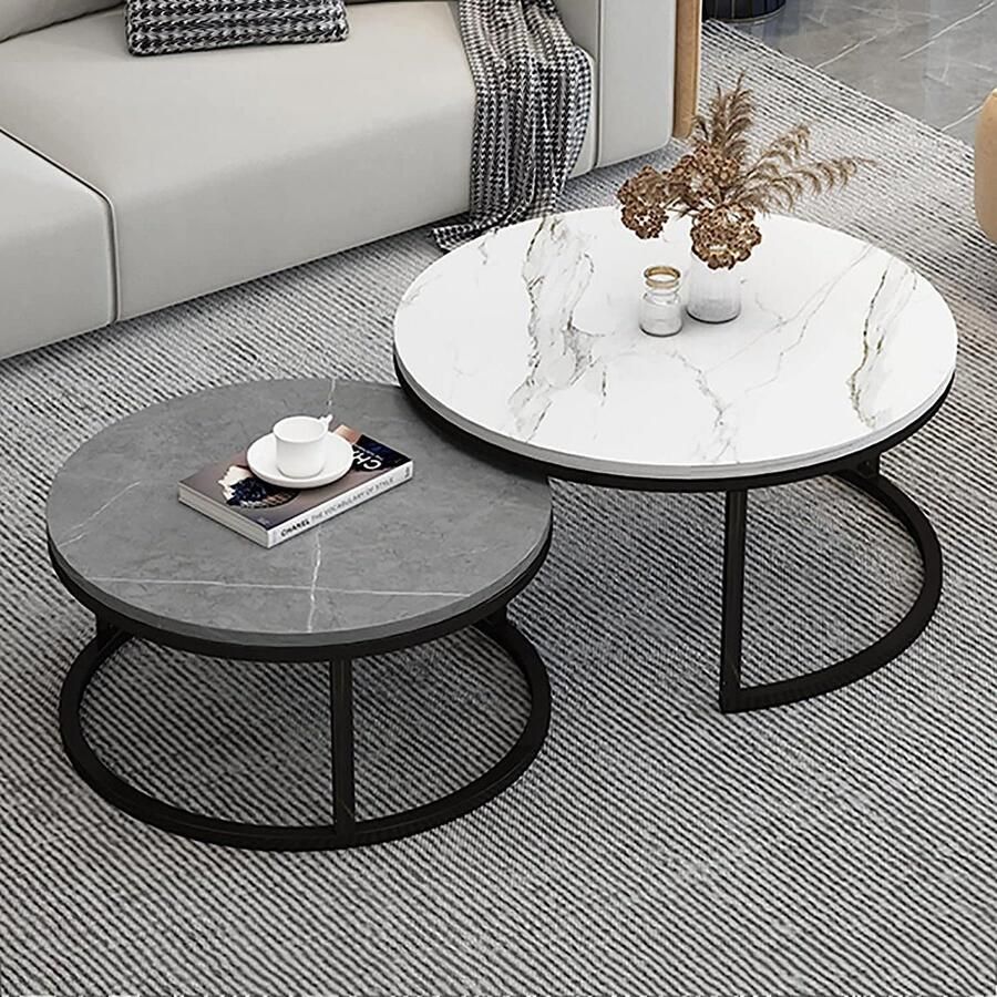 Senza Marchio Nesting Coffee Table Ronde Nesting Table Set van 2 Moderne Accent Marmeren Bijzettafel Robuust Stalen Frame voor Kleine Ruimtes Woonkamer Balkon Kantoor (Kleur: Wit+grijs Maat: 70+50cm)