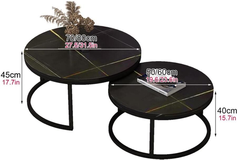 Senza Marchio Nesting Coffee Table Ronde Nesting Table Set van 2 Moderne Accent Marmeren Bijzettafel Robuust Stalen Frame voor Kleine Ruimtes Woonkamer Balkon Kantoor (Kleur: Grijs Maat: 80+60cm)