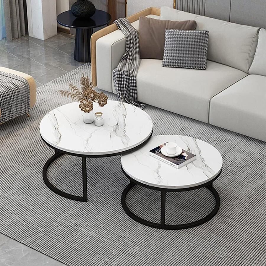 Senza Marchio Nesting Coffee Table Ronde Nesting Table Set van 2 Moderne Accent Marmeren Bijzettafel Robuust Stalen Frame voor Kleine Ruimtes Woonkamer Balkon Kantoor (Kleur: Grijs Maat: 80+60cm)
