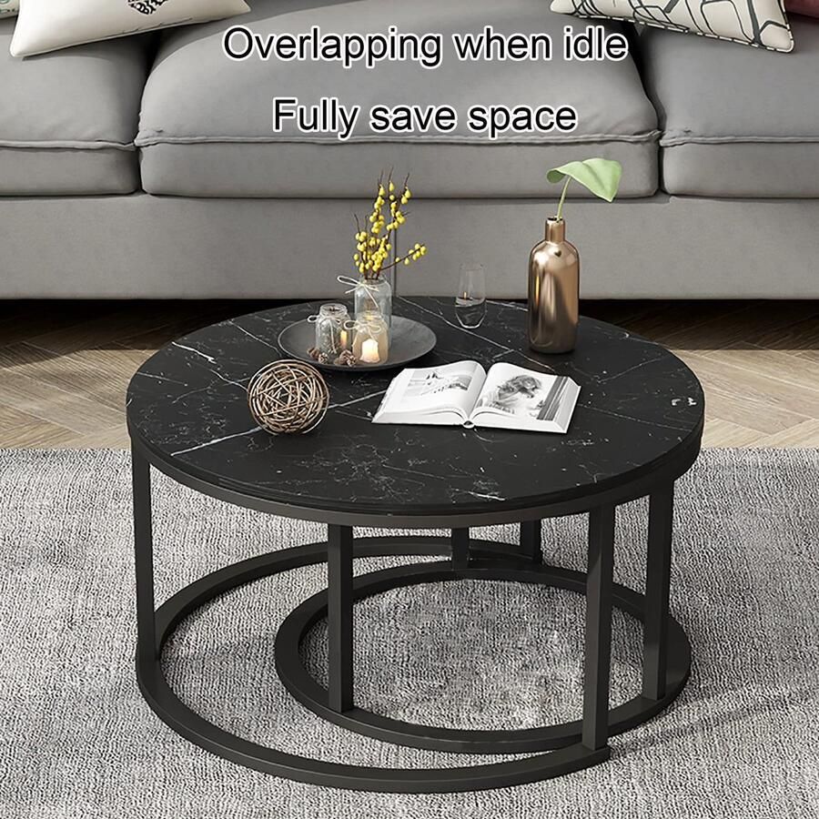 Senza Marchio Nesting Coffee Table Round Houten Nesting Table Set van 2 Modern Accent Woonkamer Sofa Table Side End Table For Small Spaces Metal Frame for Living Room Balkon Office (Kleur: Zwart+Wit)