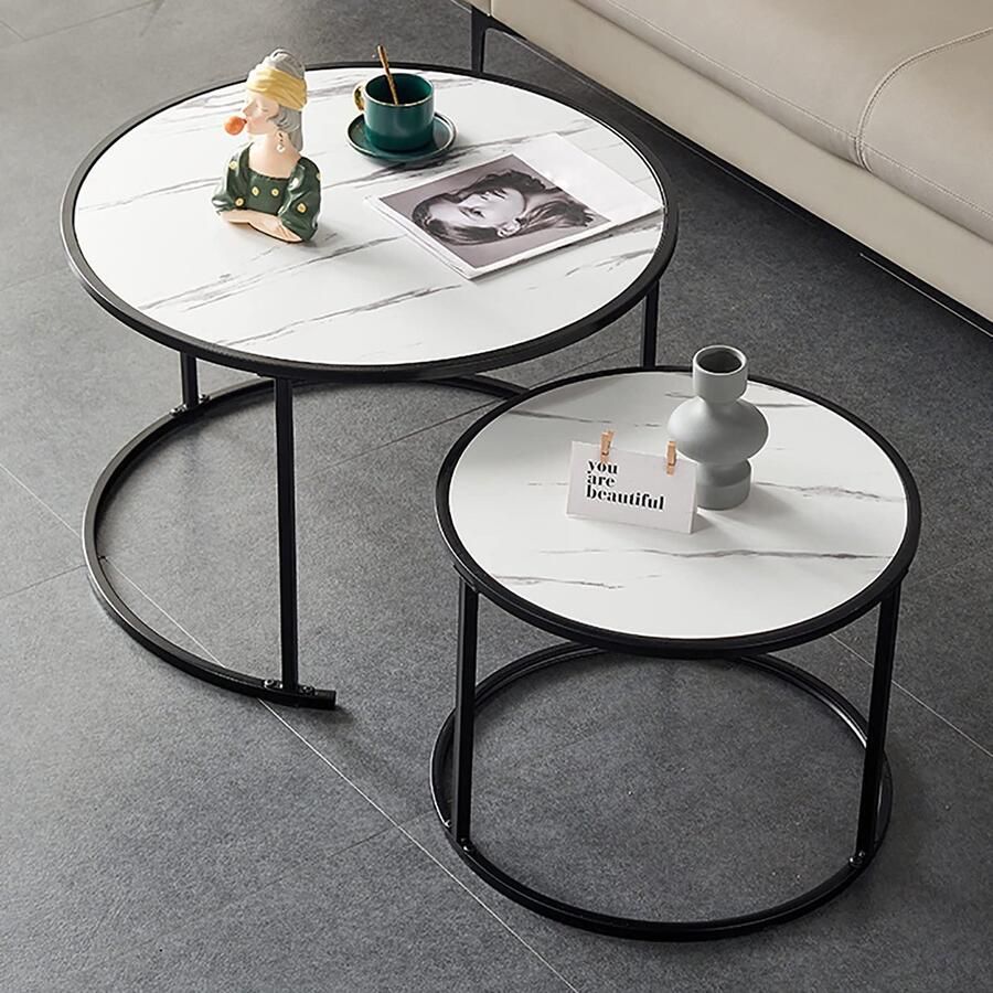 Senza Marchio Nesting Coffee Table Round Minimalist Wood Side End Table Set van 2 Modern Nesting Table Robuust stalen frame voor kleine ruimtes Woonkamer Kantoor Balkon (Kleur: Wit A Maat: 80+60cm)
