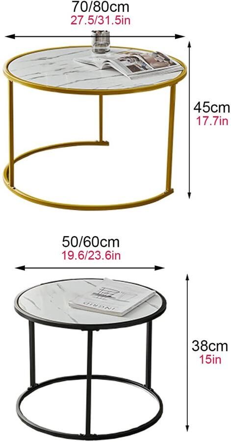 Senza Marchio Nesting Coffee Table Round Minimalist Wood Side End Table Set van 2 Modern Nesting Table Robuust stalen frame voor kleine ruimtes Woonkamer Kantoor Balkon (Kleur: Wit Maat: 80+60cm)
