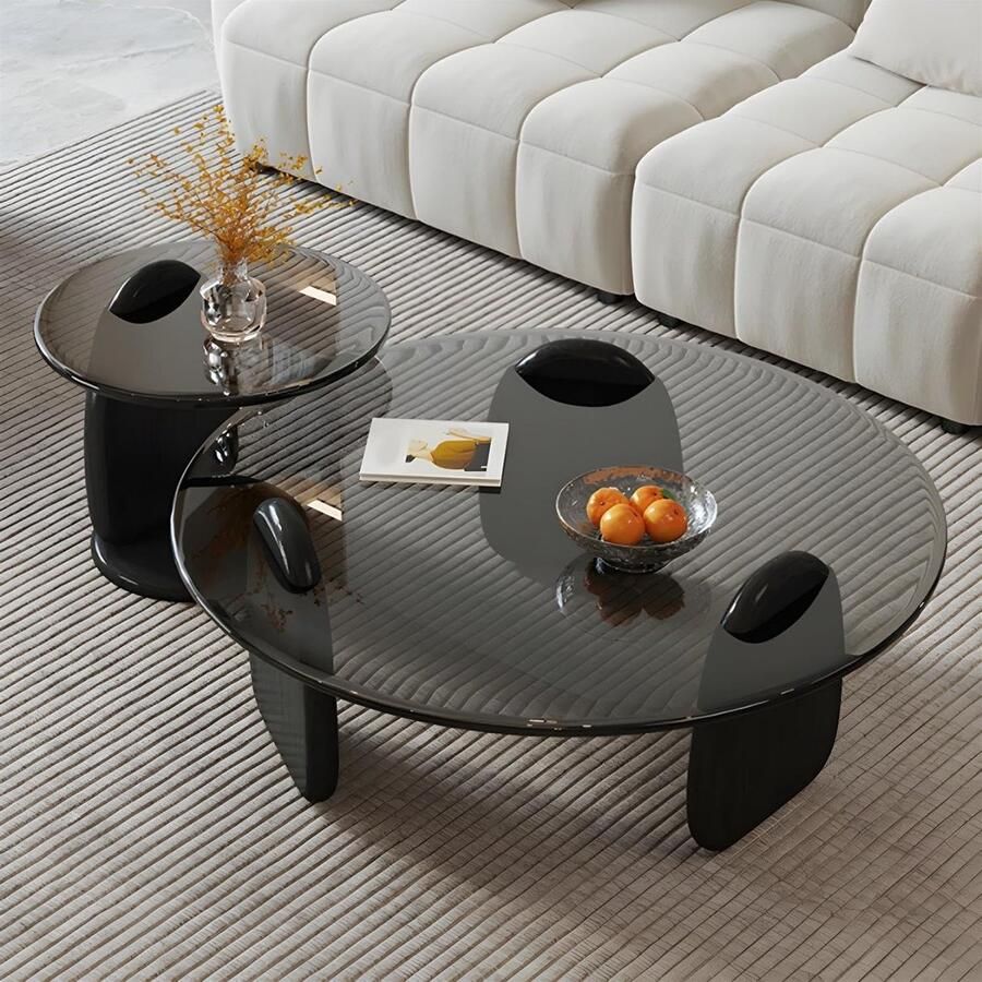 Senza Marchio Nesting Coffee Table Set of 2 Round Glass Coffee Table with Black End Table Center Table Modern Round Sofa Side Table Accent Table for Living Room D 80 and 50cm