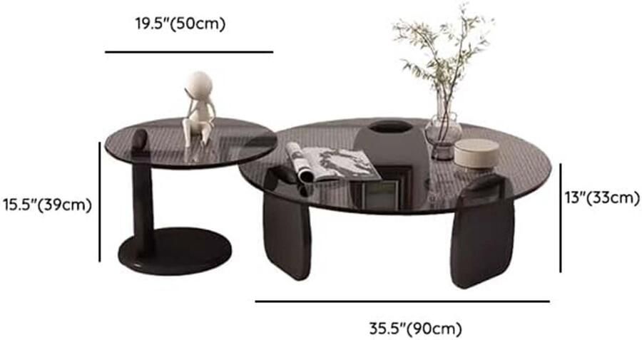 Senza Marchio Nesting Coffee Table Set of 2 Round Glass Coffee Table with Black End Table Center Table Modern Round Sofa Side Table Accent Table for Living Room F 50+90cm