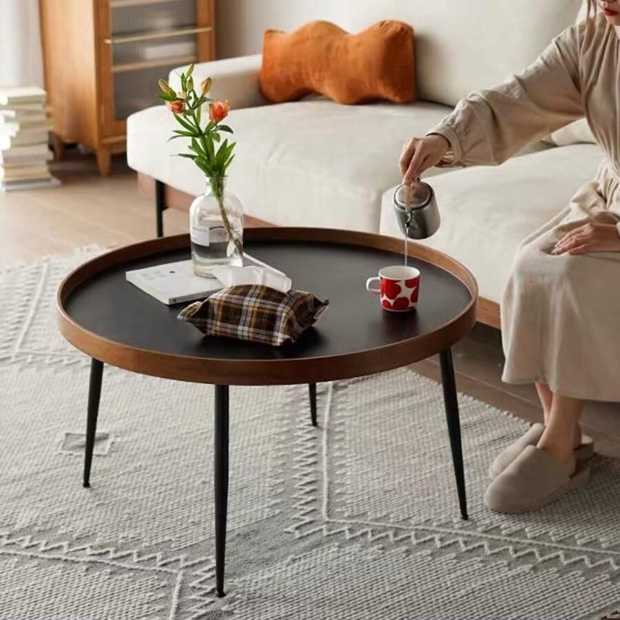 Senza Marchio Nesting Coffee Table Set van 2 Houten bijzettafel Ronde Nesting Table Modern Accent Woonkamer Sofa Tafel Metalen poten Eenvoudige montage voor Woonkamer Balkon Kantoor (Kleur: Houtkleur)
