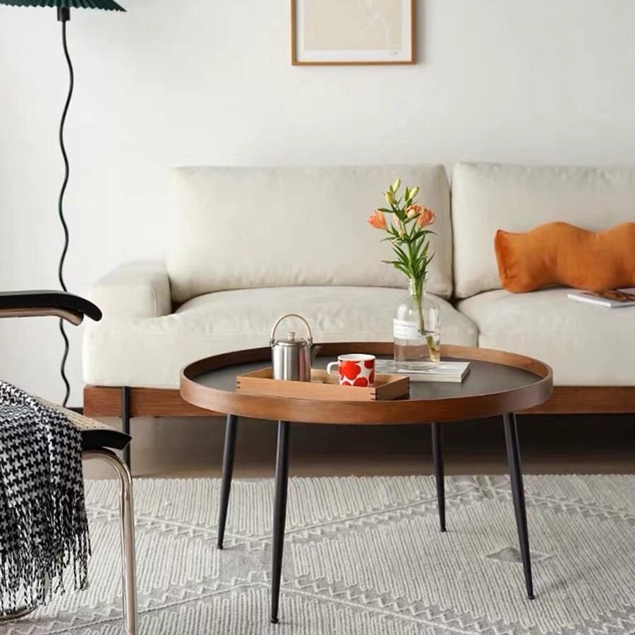 Senza Marchio Nesting Coffee Table Set van 2 Houten bijzettafel Ronde Nesting Table Modern Accent Woonkamer Sofa Tafel Metalen poten Eenvoudige montage voor Woonkamer Balkon Kantoor (Color : Black)