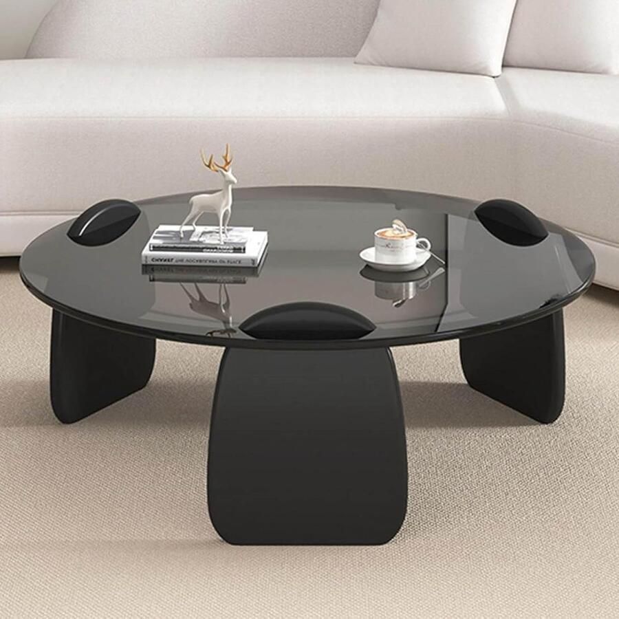 Senza Marchio Nesting Coffee Table Tempered Glass Coffee Table Round Glass Coffee Table End Table Center Table Modern Round Sofa Side Table Accent Table for Living Room Blacka 80cm