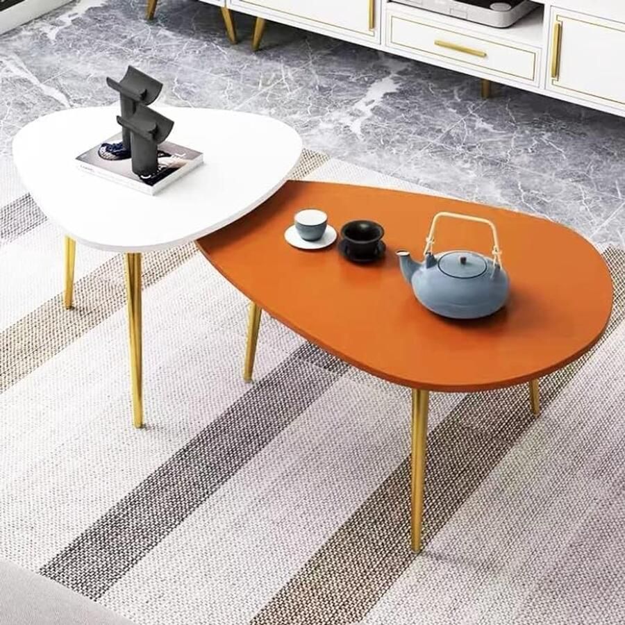 Senza Marchio Nesting Coffee Table Wood Set van 2 Woonkamer Nesting Table Creatieve bijzettafels voor bank balkon slaapkamer Goudkleurige metalen poten met verstelbaar voetkussen (Kleur: oranje+wit)