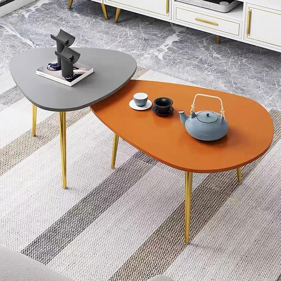 Senza Marchio Nesting Coffee Table Wood Set van 2 Woonkamer Nesting Table Creatieve bijzettafels voor bank balkon slaapkamer Goudkleurige metalen poten met verstelbaar voetkussen (Kleur: oranje+grijs) - Foto 3