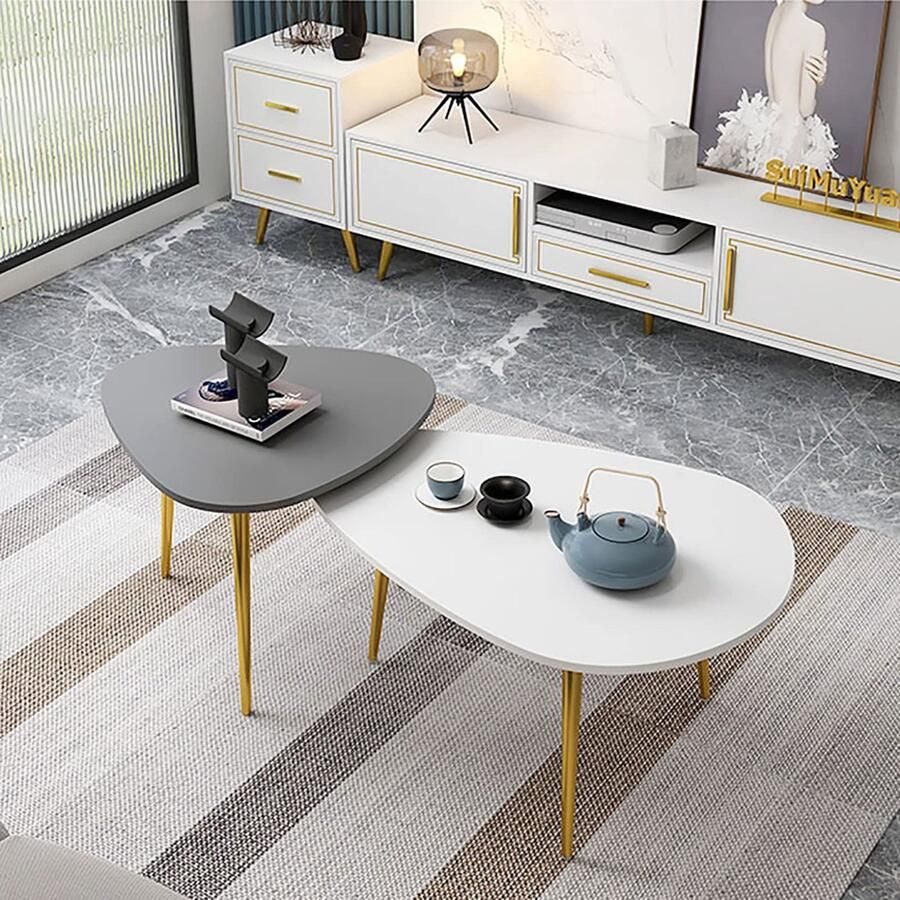 Senza Marchio Nesting Coffee Table Wood Set van 2 Woonkamer Nesting Table Creatieve bijzettafels voor bank balkon slaapkamer Goudkleurige metalen poten met verstelbare voetpad (Kleur: Wit+oranje)