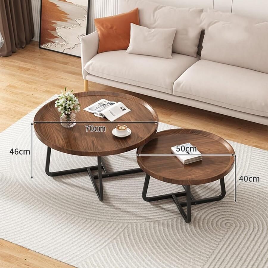 Senza Marchio Nesting Coffee Tables Ronde salontafel set van 2 woonkamertafels met verzonken houten blad en metalen frame Nesting Tables voor kleine ruimtes eenvoudig te monteren