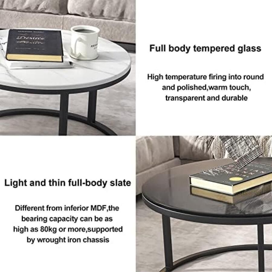 Senza Marchio Nesting Coffee Tables Set van 2 Gehard Glas Grote Ronde Salontafel Leisteen Top Kleine Ronde Sofa Tafel Voor Woonkamer Stapeling Nesting Tables Met Stevig Metalen Frame Moderne Accent Salo