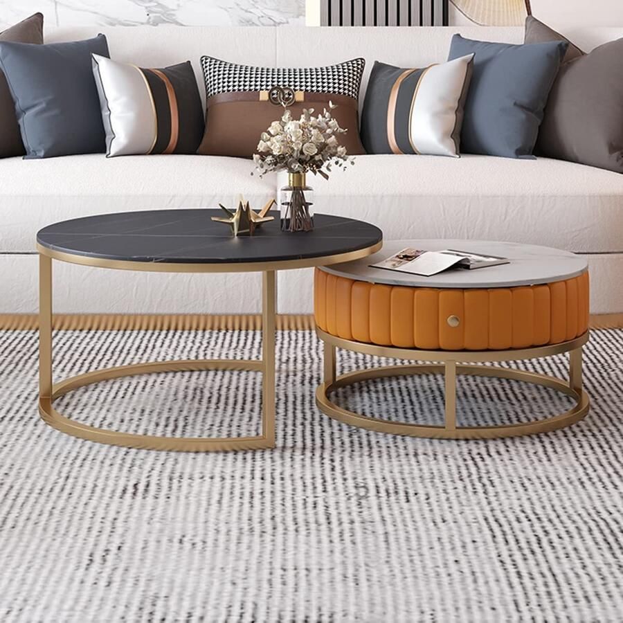 Senza Marchio Nesting Of Tables Set van 2 Scandinavische stijl Nesting Coffee Tables met lade Ronde bijzettafels voor woonkamer slaapkamer thuiskantoor (Kleur: A Maat: 80 * 45cm+60 * 40cm)