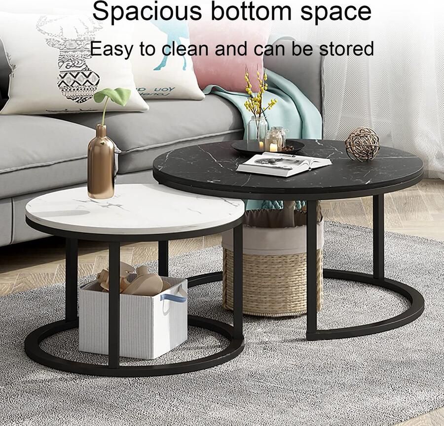 Senza Marchio Nesting Salontafel Rond Houten Nesting Table Set van 2 Modern Accent Woonkamer Sofa Tafel Side End Table Voor Kleine Ruimtes Metalen Frame voor Woonkamer Balkon Kantoor (Color : Black)
