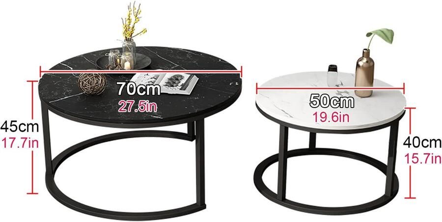 Senza Marchio Nesting Coffee Table Round Houten Nesting Table Set van 2 Modern Accent Woonkamer Sofa Table Side End Table For Small Spaces Metal Frame for Living Room Balkon Office (Color : Black)
