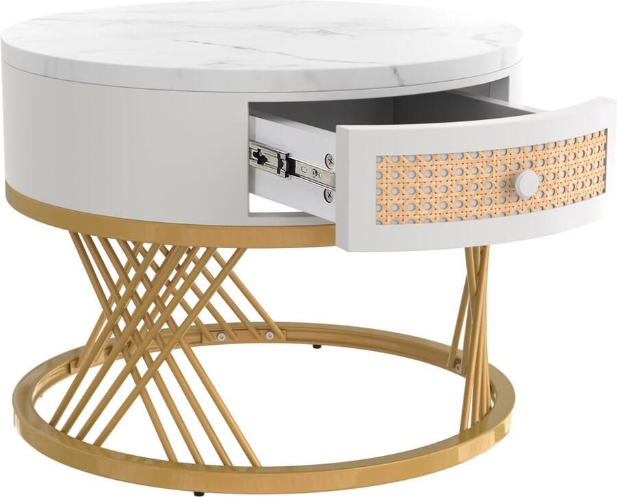 Senza Marchio Nesting Salontafel Set van 2 Ronde Marmeren Patroon Tafel met Lade Stapelbare Bijzettafels Koffietafel Middentafel met Metalen Ondersteuning voor Keuken Woonkamer (Wit D)