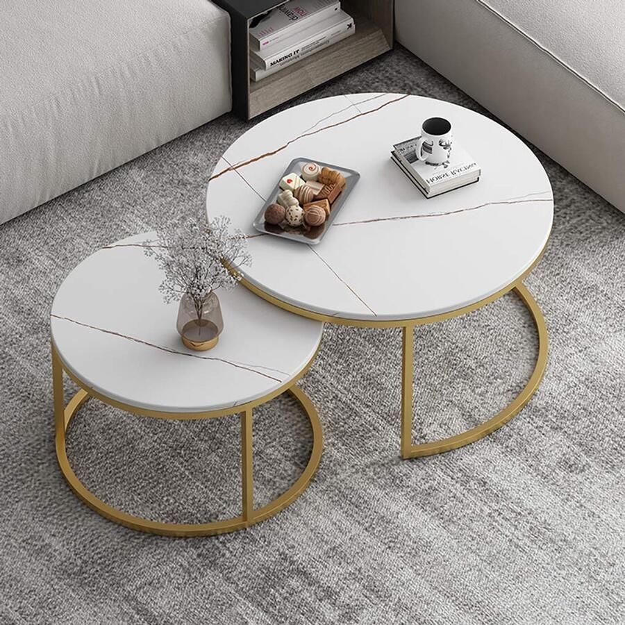Senza Marchio Nesting Side Tables Woonkamer Retro Nesting Coffee Table Sofa Side End Table Modern Round Metal Base Nesting Table voor Slaapkamer Set van 2 Side Accent Woonkamer Storage Small End Table W