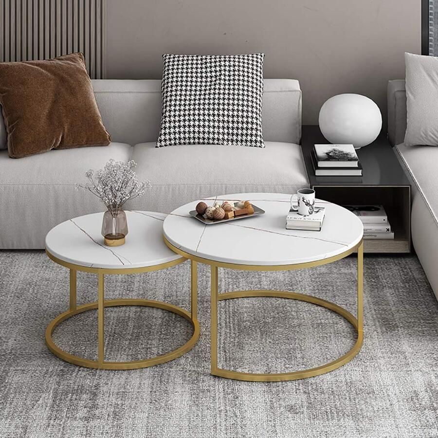 Senza Marchio Nesting Side Tables Woonkamer Retro Nesting Salontafel Sofa Side End Table Moderne ronde Metalen Base Nesting Table voor Slaapkamer Set van 2 Side Accent Living Room Storage Small End Table Whit