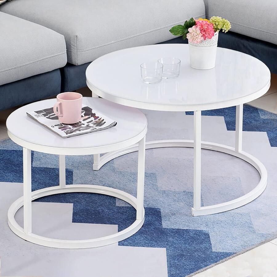 Senza Marchio Nesting Table Round Simple Style Nesting Coffee Table Set van 2 gehard glas Modern Accent Side End Table robuust stalen frame voor woonkamer kantoor balkon (kleur: zwart maat: wit frame