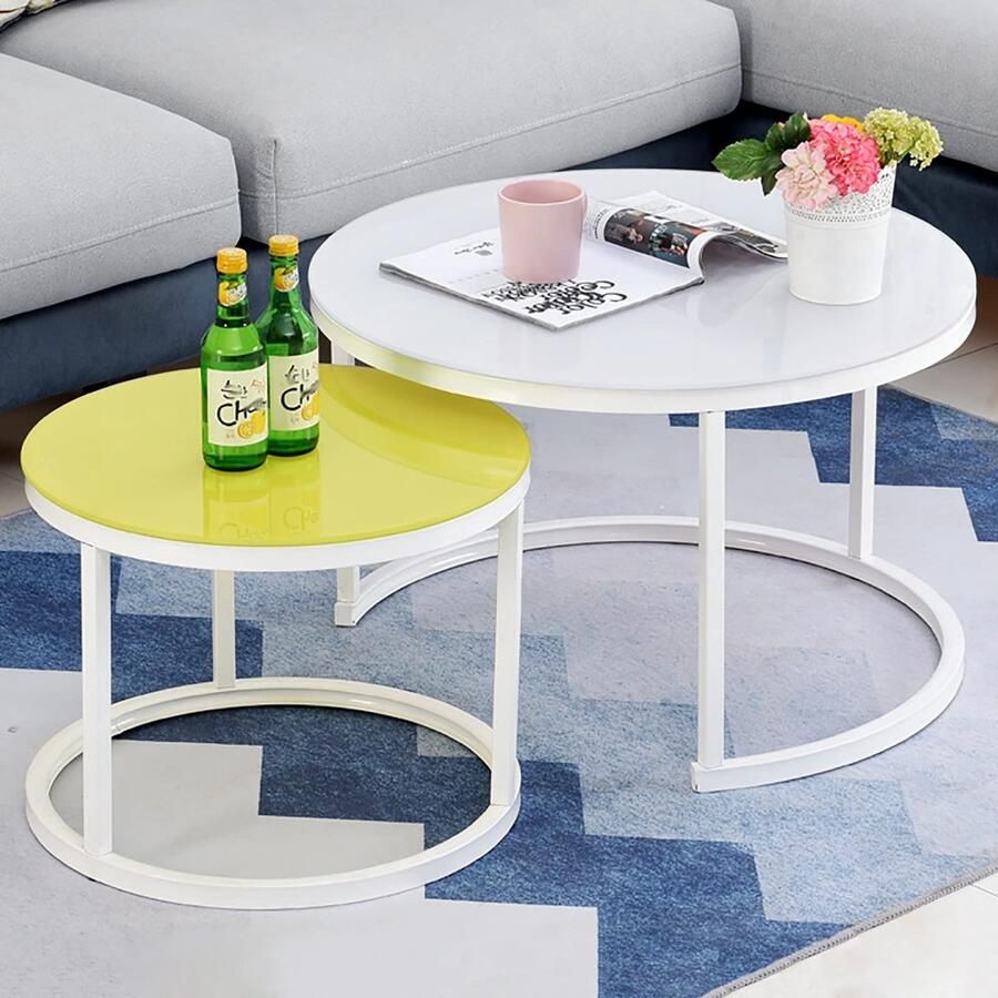 Senza Marchio Nesting Table Round Simple Style Nesting Coffee Table Set van 2 gehard glas Modern Accent Side End Table robuust stalen frame voor woonkamer kantoor balkon (kleur: wit maat: zwart frame