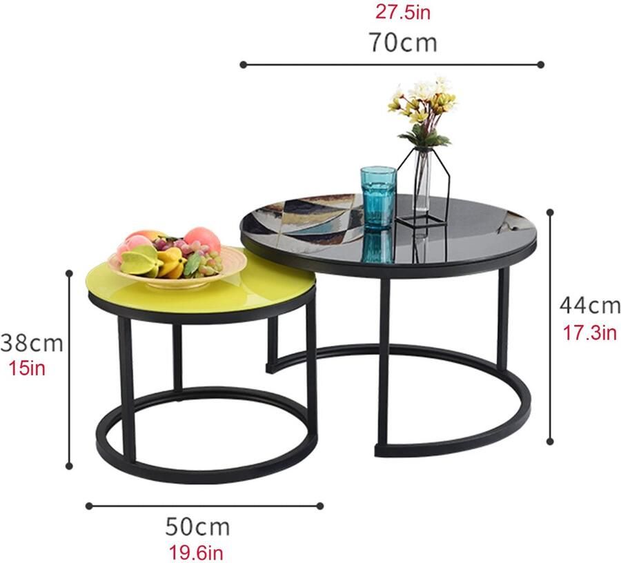 Senza Marchio Nesting Table Round Simple Style Nesting Coffee Table Set van 2 gehard glas Modern Accent Side End Table robuust stalen frame voor woonkamer kantoor balkon (kleur: wit maat: wit frame)