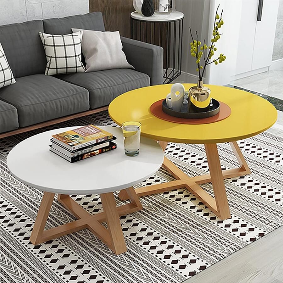 Senza Marchio Nesting Table Set van 2 Houten Creatieve Nesting Coffee Table Ronde Moderne Accent Sofa Bijzettafels voor kleine ruimtes Woonkamer Slaapkamer Kantoor Eenvoudige montage (Kleur: Geel+Wit