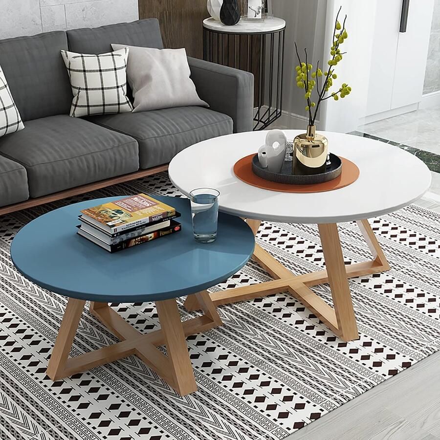 Senza Marchio Nesting Table Set van 2 Houten Creatieve Nesting Coffee Table Ronde Moderne Accent Sofa Bijzettafels voor kleine ruimtes Woonkamer Slaapkamer Kantoor Eenvoudige montage (Kleur: Wit+Blauw