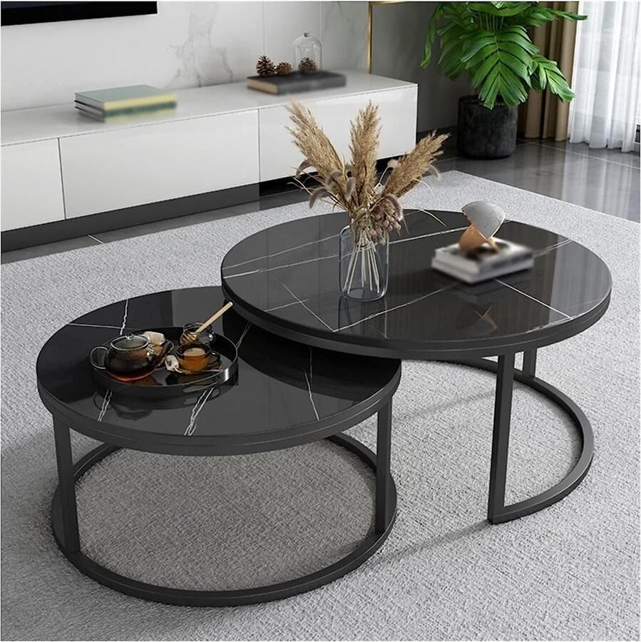 Senza Marchio Nesting Tables Set van 2 Ronde salontafel voor woonkamer plank en zwart stalen frame Ideaal voor thuiskantoor slaapkamer Stijlvol en functioneel (afmetingen: 80 * 42+60 * 38 cm wit)