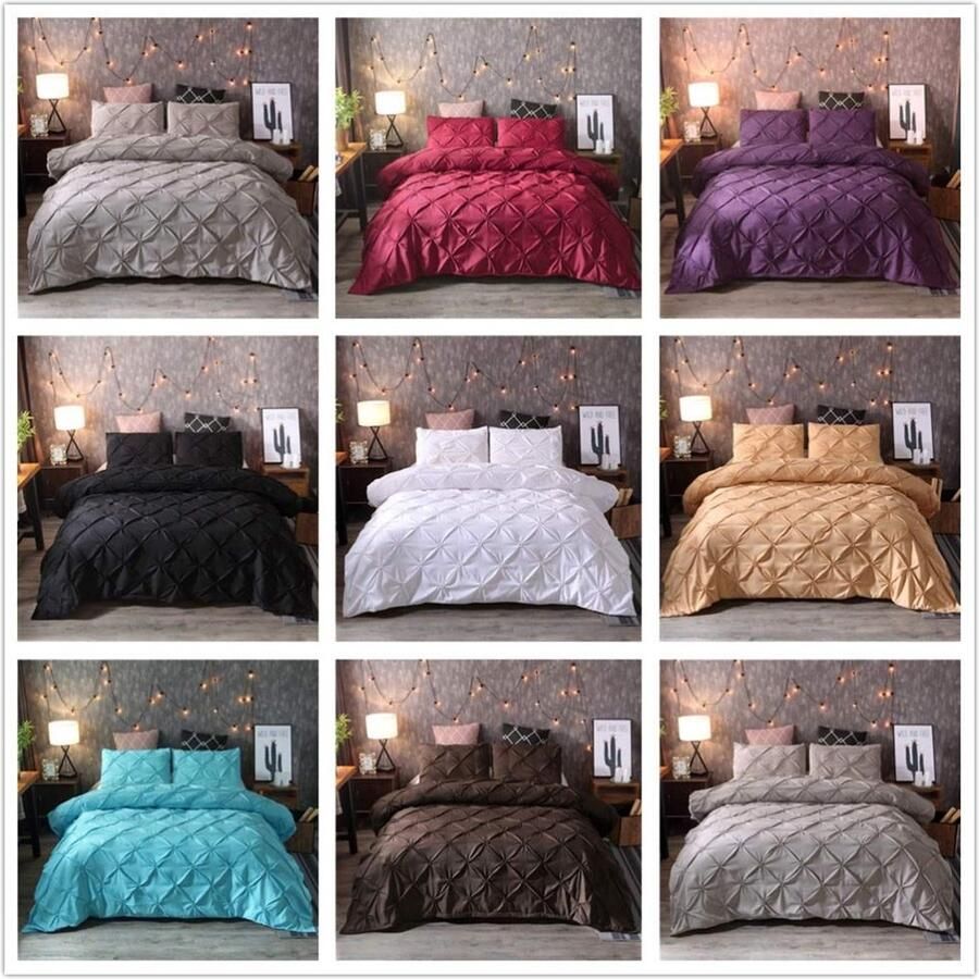 Senza Marchio NJ-beddengoed 3 stks Bed Linnen Set Zwart Dekbedovertrek Pinch Plooi Korte Beddengoed Set Queen King Size Comforter Cover Set Met Kussensloop
