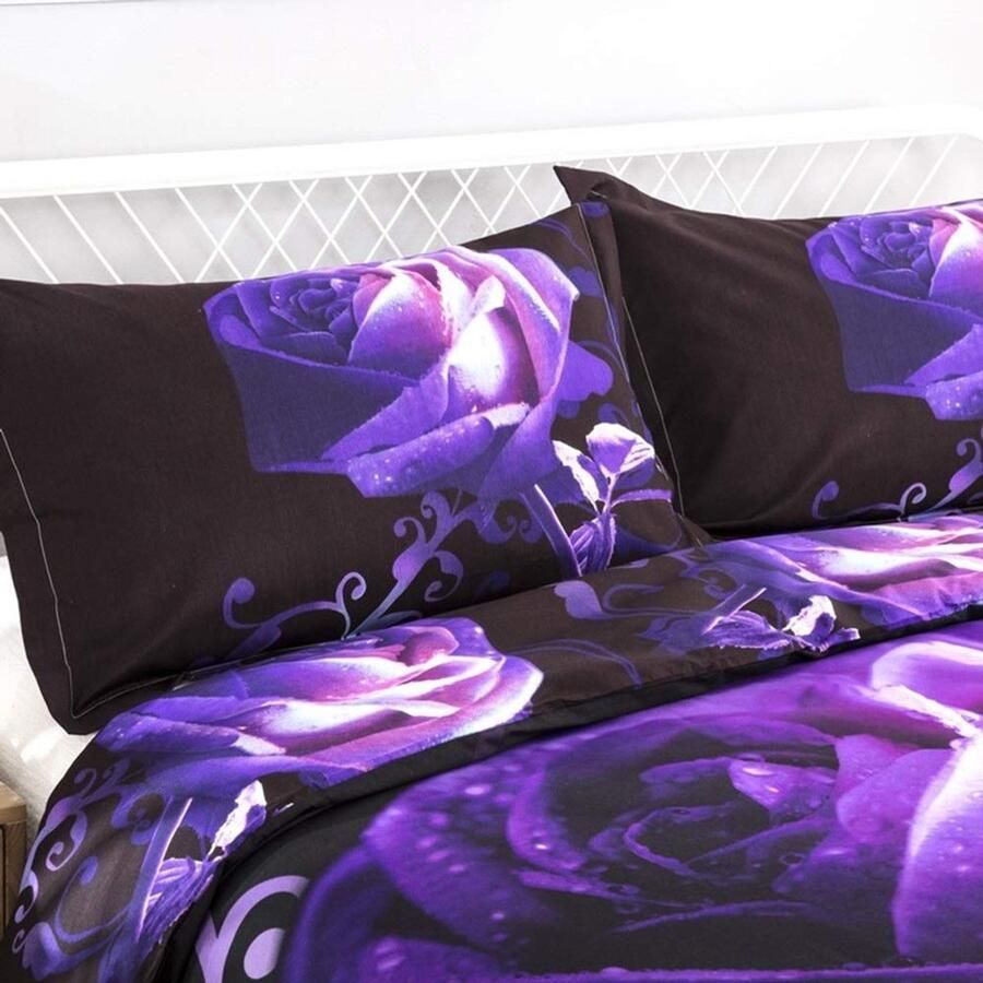 Senza Marchio NJ-beddengoed Paars 3D Rose Beddengoed Set Met Kussensloop Bed Linnen 3d Rose Dekbedovertrek Queen 3pcs Paars Bedkleding Blcak Comforter Cover Paars