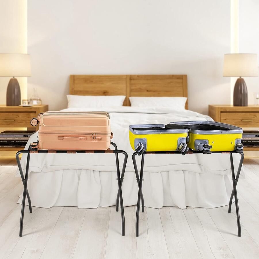 Senza Marchio OFIDELITY Bagagerek 1 Pack opvouwbare metalen koffer standaard plank met bruine nylon riemen en stalen frame