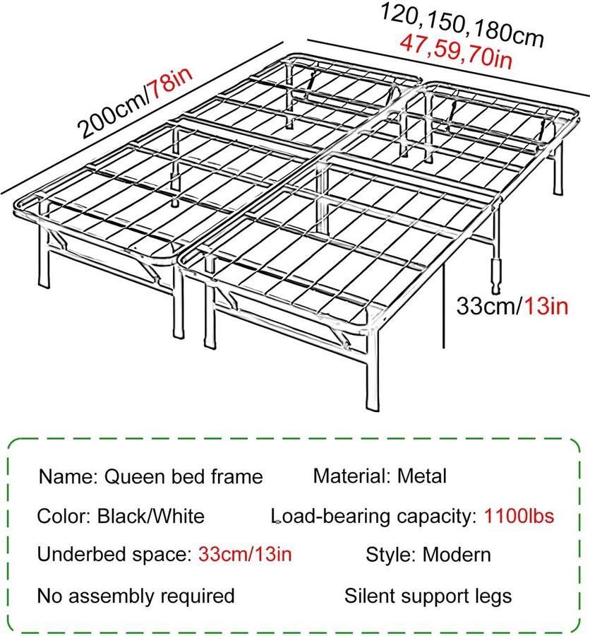 Senza Marchio Opvouwbaar Queensize Bedframe Metalen Bedframe Met Twee Steunpoten Queensize Bedframes Voor Slaapkamer Geen Montage Vereist(Color:White Size:70x78in)
