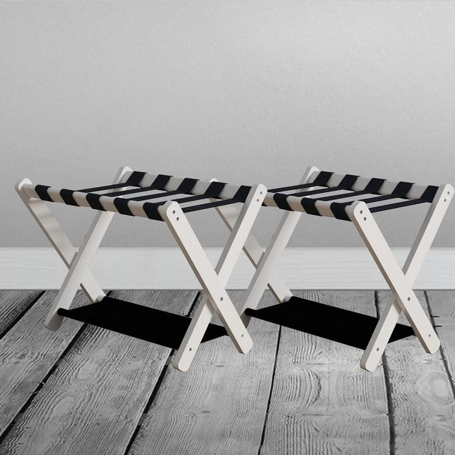 Senza Marchio Opvouwbare bagagerek Houten kofferstandaard set van 2 Reistasopslagplank dubbele lagen bagagehouder met schoenenplank draagbare opvouwbare kruk voor thuis slaapkamer hotelbaga