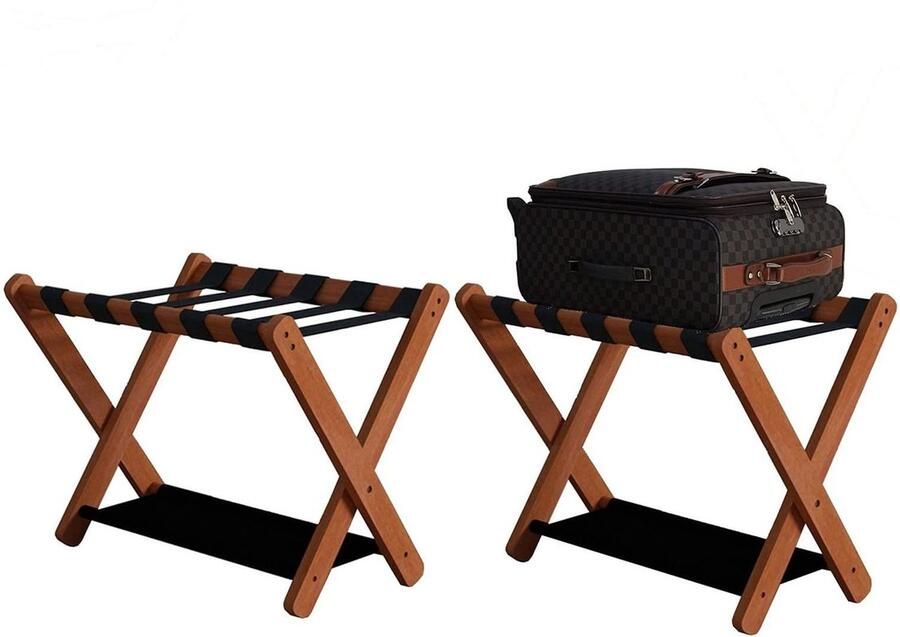 Senza Marchio Opvouwbare bagagerek set van 2-2 lagen hotel professionele koffersteun bagagestandaard hout met rugleuning bagageplankorganisator huishoudelijke hangerplank (kleur: bruin)