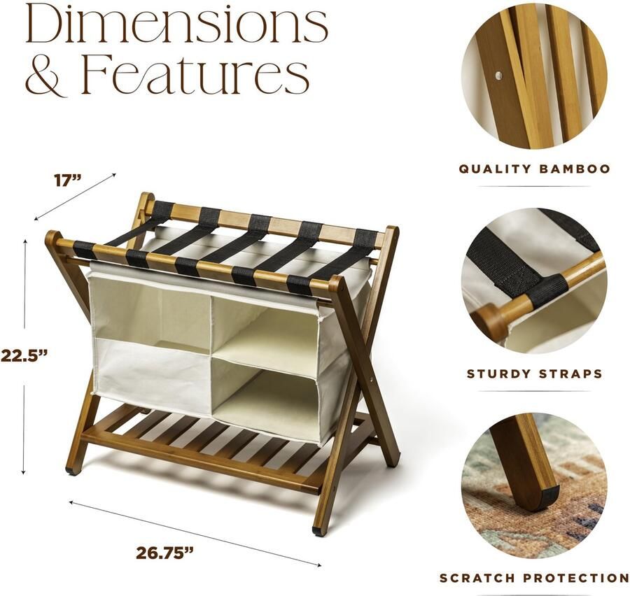 Senza Marchio Opvouwbare bagagerek voor logeerkamer met waszak Heavy Duty ruimtebesparende bagage koffer standaard opslag plank gemaakt van natuurlijk bamboe volledig gemonteerde opvouwbare hotelslaapkamer