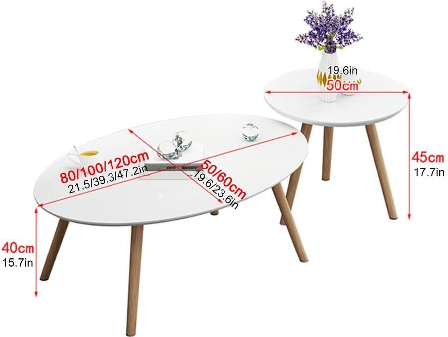 Senza Marchio Ovale Nesting Table Set van 2 Creatieve Nesting Salontafel Moderne Sofa Side End Tables Wood Accent Salontafels voor Kleine Ruimtes Woonkamer Slaapkamer Kantoor Eenvoudige montage