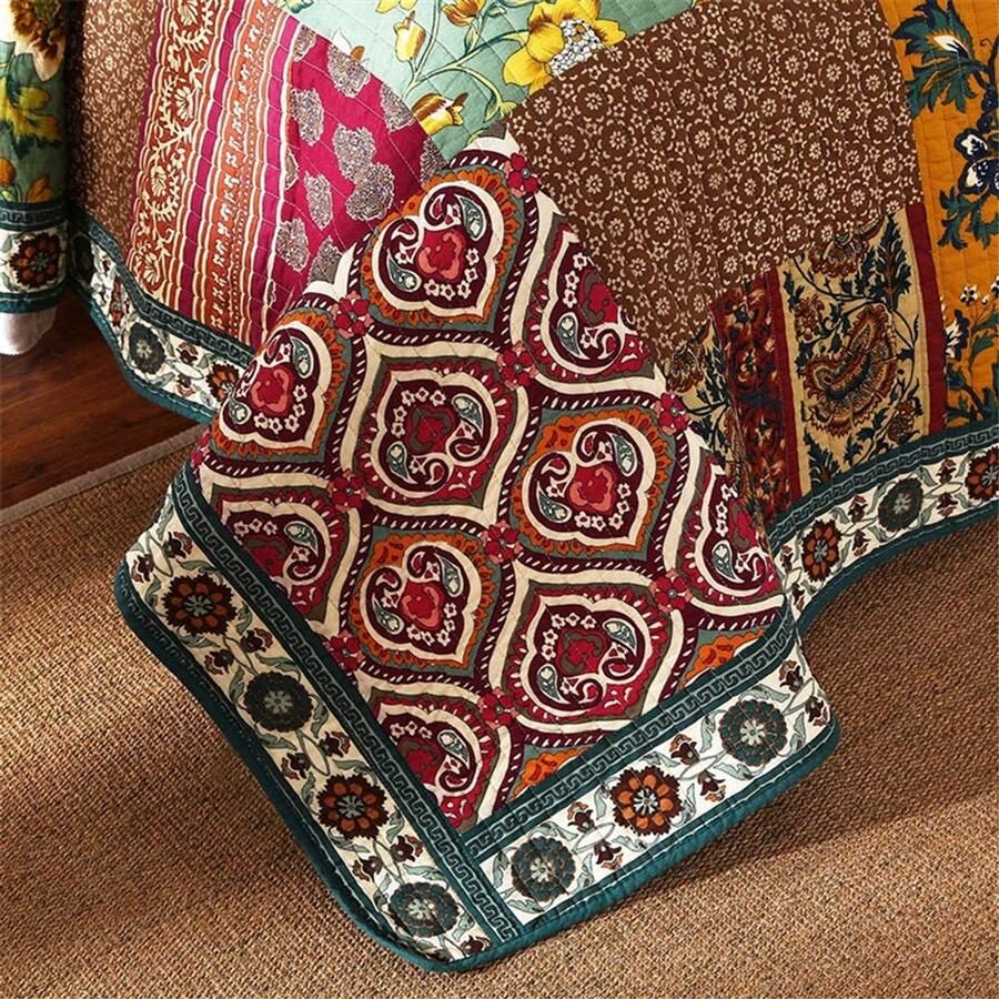Senza Marchio Patchwork Bedsprei Gewatteerde Shabby Chic Etnische Stijl Rood Katoen Coverlet 100% King Size Dekbed Quilt Eenpersoonsbed gooit met Kussenslopen 51X70cm 218x228cm+2PC 51x70cm