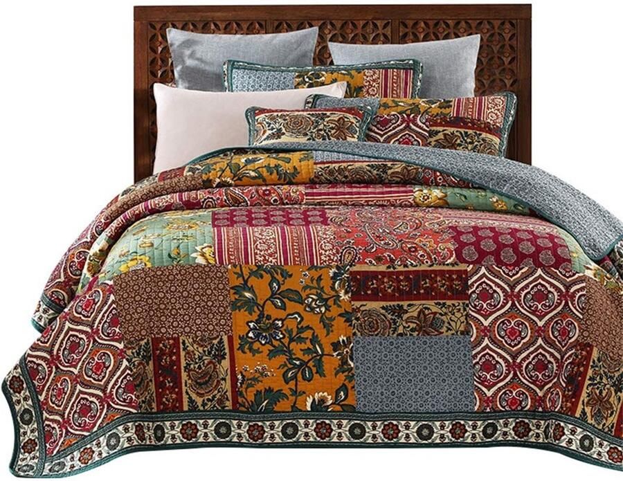 Senza Marchio Patchwork Bedsprei Gewatteerde Shabby Chic Etnische Stijl Rood Katoen Coverlet 100% King Size Dekbed Quilt Eenpersoonsbed gooit met Kussenslopen 51X70cm 178x228cm+1ST 51x70cm