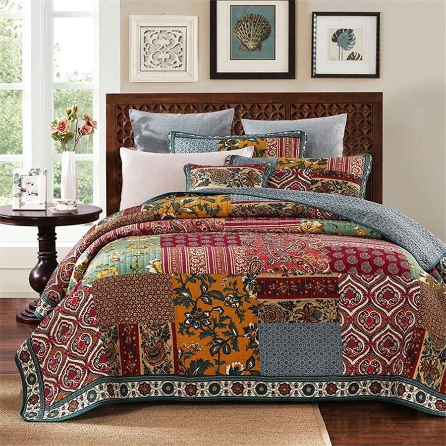 Senza Marchio Patchwork Bedsprei Gewatteerde Shabby Chic Etnische Stijl Rood Katoen Woondeken Coverlet 100% Kingsize dekbed Quilt Eenpersoonsbed gooit met Kussenslopen 51X70cm 230 * 250CM+2PC 50 * 70CM