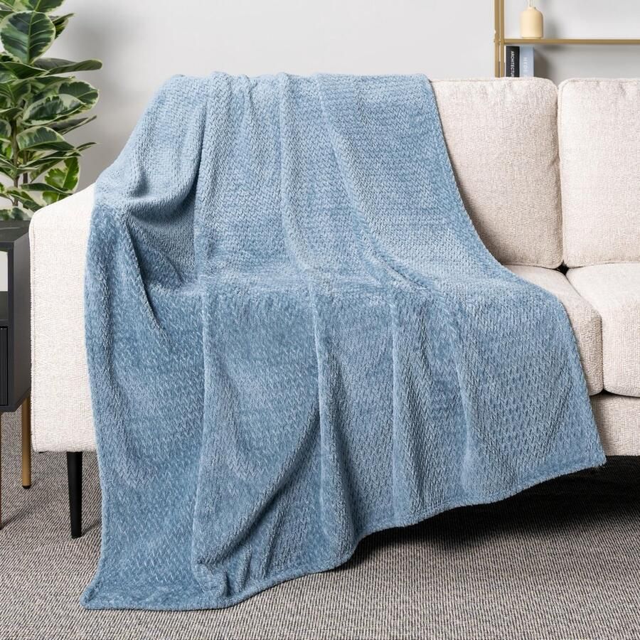 Senza Marchio PAVILIA Luxe Flanel Fleece Deken Gooi Twin Slate Blue Zachte Decoratieve Jacquard Weave Microfiber Gooi voor Bed Sofa Bank Fluwelen Getextureerde Bladeren Patroon Lichtgewicht Pluche Gezellige 60x80