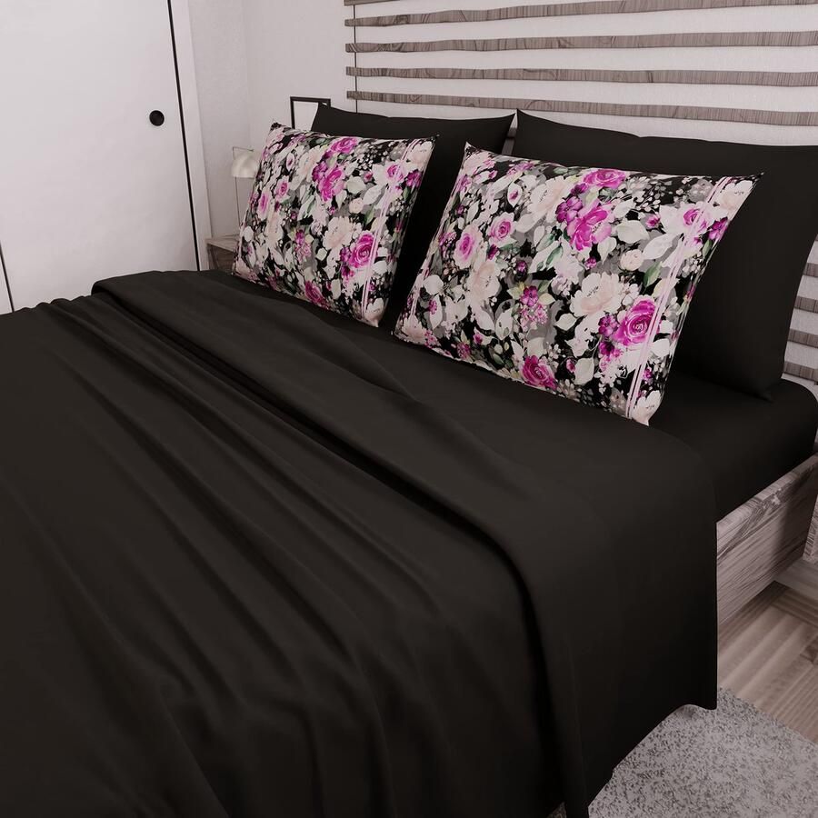Senza Marchio PETTI Artigiani Italiani Beddengoedset beddengoed voor tweepersoonsbed beddengoed met zwarte bloemen beddengoed voor tweepersoonsbed opdruk alleen op kussenslopen gemaakt in Italië