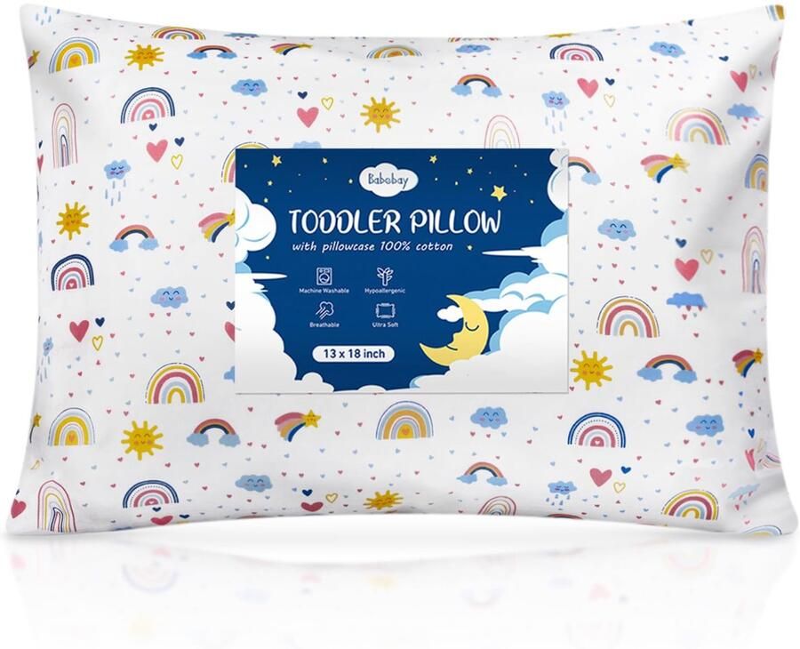 Senza Marchio Peuterkussen 13 x 18 cm zachte babykussens om te slapen machinewasbaar kinderkussen met katoenen kussensloop perfect voor reizen peuterbed (Happy Sunny Rainbow)