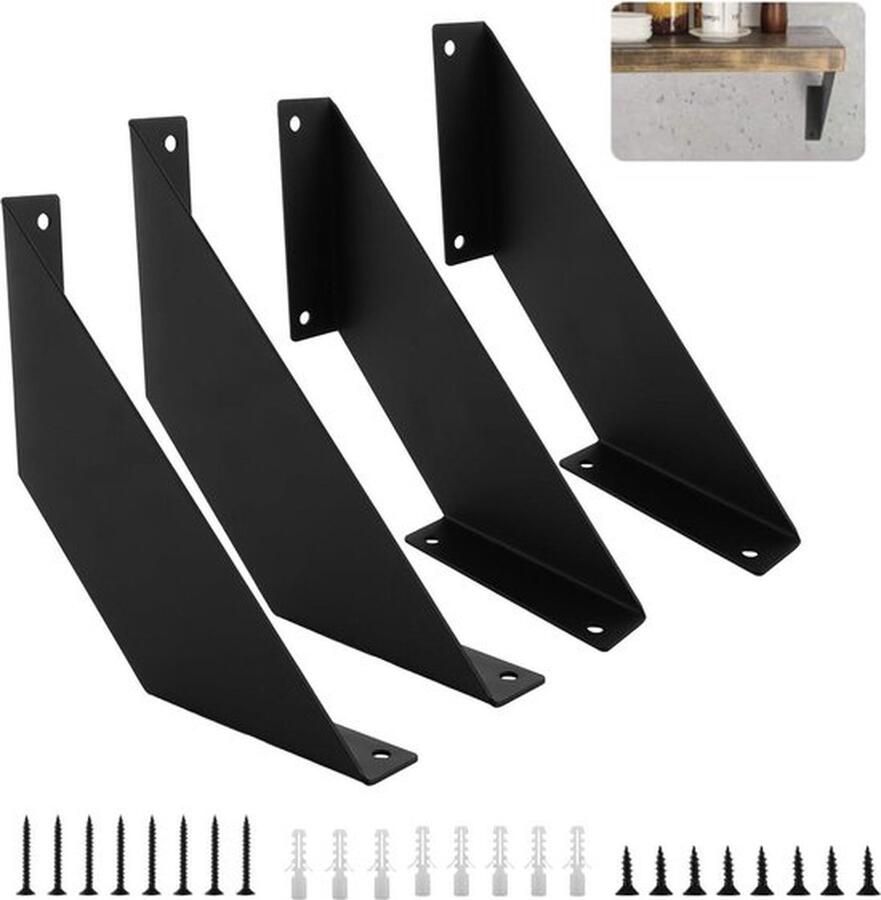 Senza Marchio Plankhoeken zwart Set van 4 20 cm Metalen plankhouder Wandhouder Inclusief schroeven Wandplanken Magazijnrek Keuken Kantoor Boekenkast