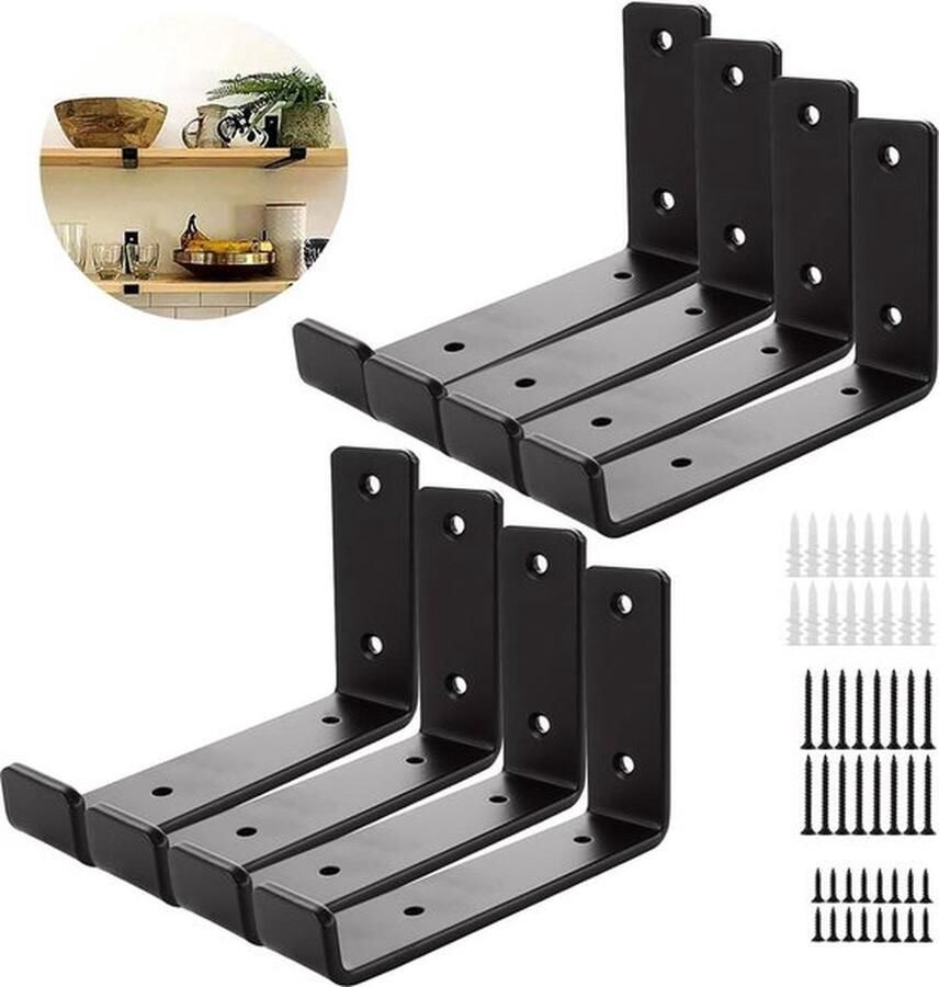 Senza Marchio Plankhouders zwart 8 stuks zware belasting 50 kg 10 x 14 cm wandhouder rek met schroeven 90 graden wandrek houder garage kamer kantoor