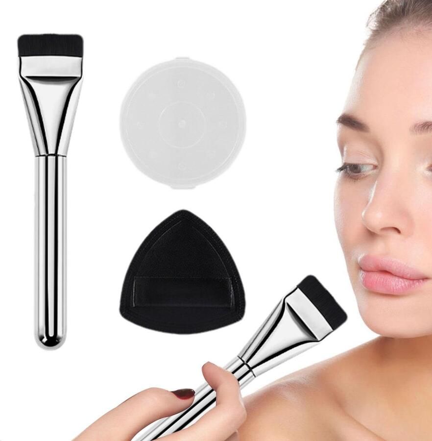 Senza Marchio Platte foundationkwast ultradunne foundationkwast ultradunne foundationkwast met platte kop en sterke vloeibaarheid make-upkwastenset foundationkwast met sponzen poef sterk