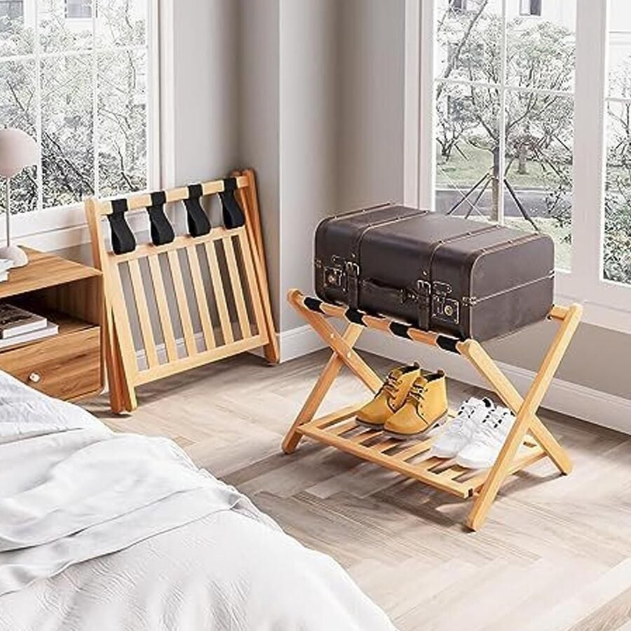 Senza Marchio POTRUWE 26 8 Volledig Gemonteerd Bagagerek Opvouwbare Kofferstandaard met Opbergplank Bamboehouten Kofferrek Bagagehouders Standaard voor Logeerkamer Slaapkamer en Hotel