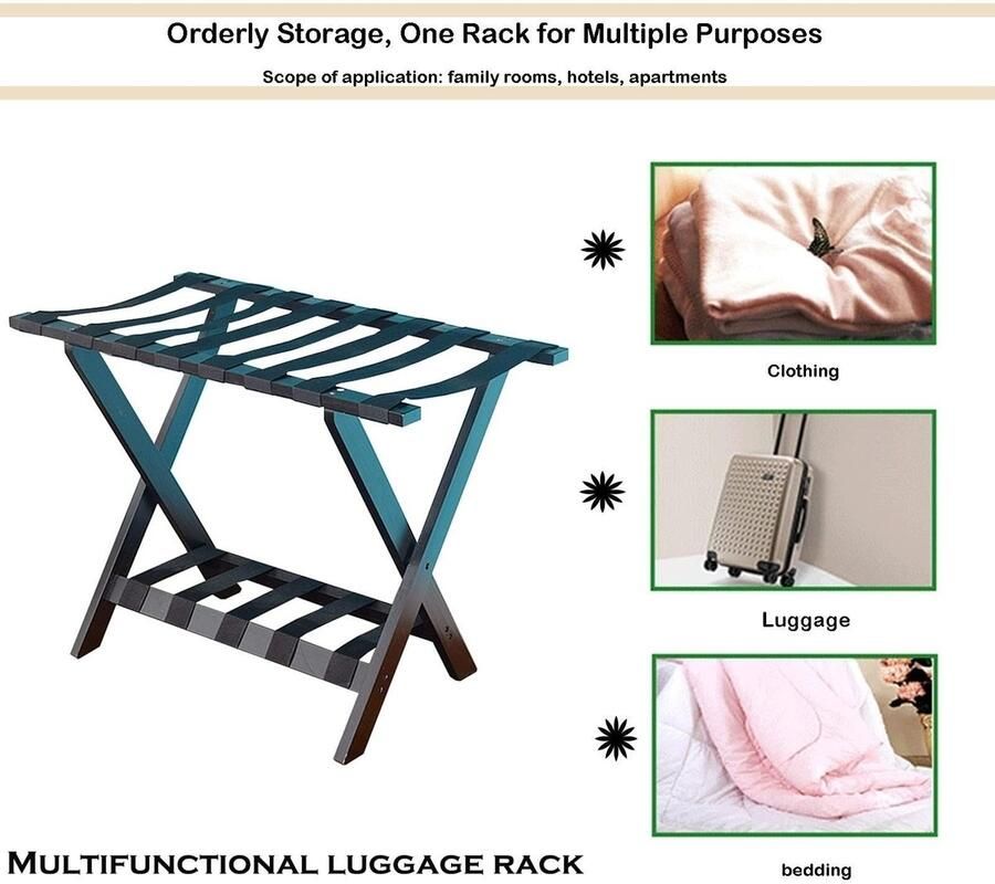 Senza Marchio Premium Wit Houten Opvouwbare Bagagerek Dubbellaags Koffer Stand met Nylon Bandjes Massief Houten Hotel Suite Bagagerek en Schoenenrek Handige en Opslagoplossing voor Reiziger