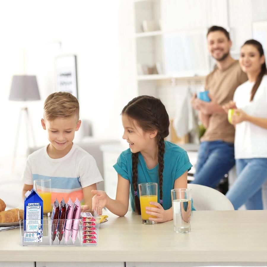 Senza Marchio Puricon Set van 4 opbergbakken voor voorraadkasten en opbergbakken voor keukenkoelkast aanrechtkast stapelbare doorzichtige kunststof opbergrekken met verwijderbare verdelers 5 compartimenten voor